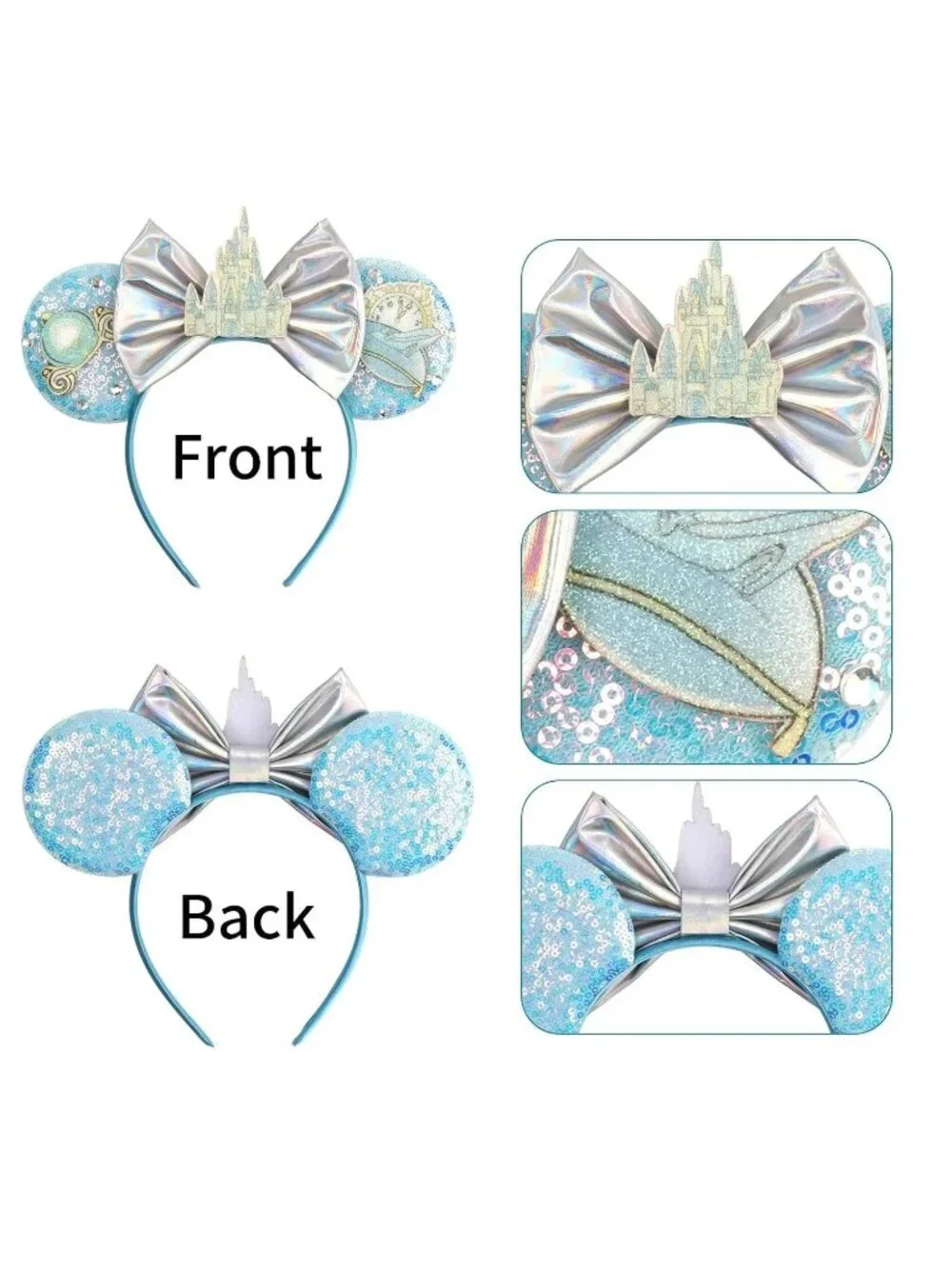 Women Blue Polyester Sparkle Sequins Mickey Mouse Hair Bow Handmade Headband